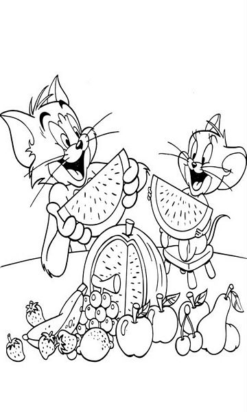kolorowanka Tom i Jerry jedzą arbuza malowanka do wydruku z bajki dla dzieci, do pokolorowania kredkami, obrazek nr 29